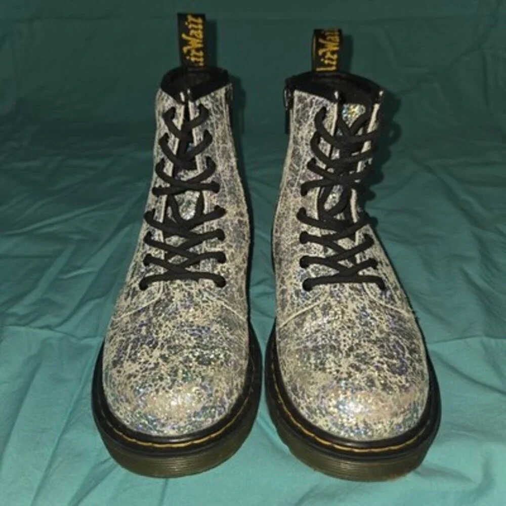 Dr. Martens 1460 Kids Silver Glitter Combat Ankle Boots Lace-Up Side Zip US 2